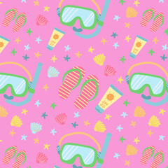 Fun and playful seamless pattern, vector illustration with snorkeling equipment and beach items for fabric prints, wrapping paper, stationery and summer-themed projects
