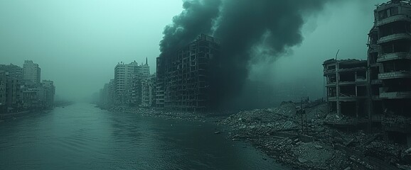 Fototapeta premium War-torn city shrouded in smoke