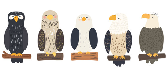 Clip art hand drawn vector illustration of four different cute funny eagles in a playful cartoon style, isolated on white background