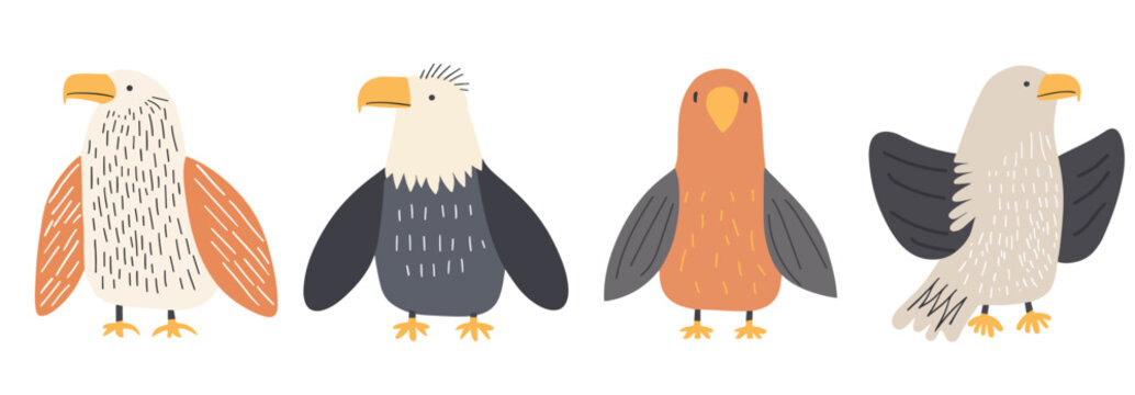 Clip art hand drawn vector illustration of four different cute funny eagles in a playful cartoon style, isolated on white background