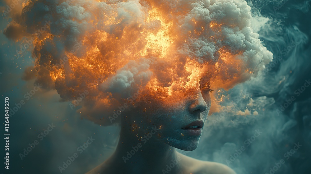 Canvas Prints a surreal representation shows a person with a cloud-like explosion from their head, experiencing me