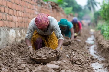 Women Construction Workers Manually Digging Soil in Rural Area for Infrastructure Development