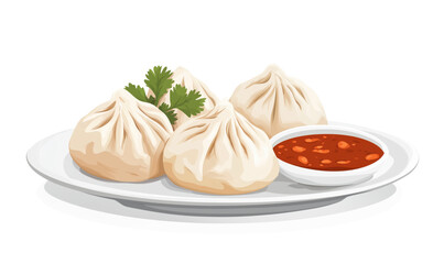 Dumplings with sauce, plate of four steamed dumplings, garnished with cilantro, served with spicy red dipping sauce, isolated on transparent background, png