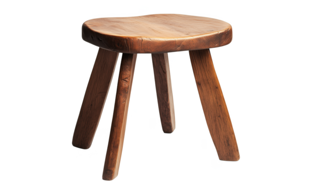 Wooden stool with natural finish, three sturdy legs, round seat, rustic design, handcrafted appearance, isolated on transparent background, png
