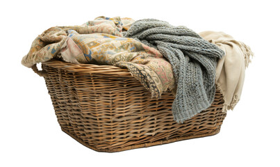 Woven basket filled with cozy blankets and throws, showcasing various textures and colors, perfect for home decor and comfort., isolated on transparent background, png
