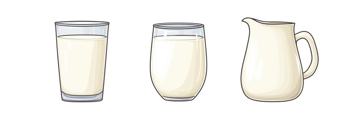 Milk glasses and pitcher, three containers of milk, clear glass, tall glass, ceramic pitcher, white background, isolated on transparent background, png