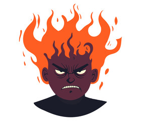 Clip art hand drawn vector illustration of an angry demon or fiery spirit face, with intense flaming hair and a menacing expression, isolated on white background.