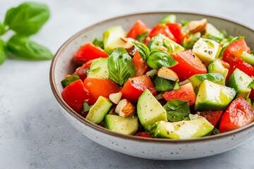 Fresh Avocado and Cucumber Salad Bowl with Almonds and Olive Oil for Clean Healthy Eating