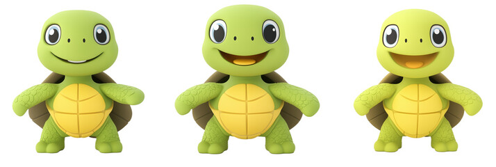 Obraz premium Cute cartoon turtles with cheerful expressions, three different poses, vibrant colors, friendly faces, playful design, isolated on transparent background, png