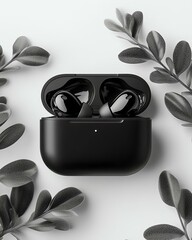 A sleek black pair of wireless earbuds is elegantly placed among green leaves. This modern accessory symbolizes connectivity and innovation, perfect for any tech-focused project.