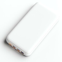 A sleek, modern white power bank designed for charging devices on the go, featuring multiple USB ports for convenience and portability.