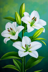 Fototapeta premium A painting of three white lilies on a green background