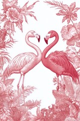 Obraz premium Two elegant flamingos with necks forming a heart surrounded by foliage