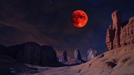 Blood Moon Desertscape: A vivid red moon dominates the starry sky above towering rock formations in a stark desert landscape at twilight.