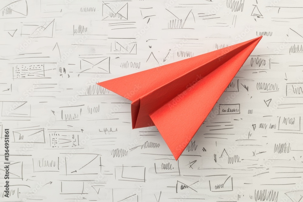 Poster red paper airplane on textured white background with geometric patterns art and creativity for backd