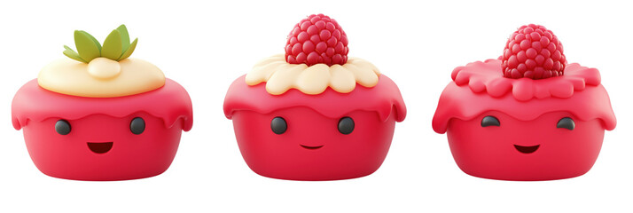 Cute dessert characters, three colorful cupcakes with smiling faces, topped with raspberry and cream, playful and whimsical design, isolated on transparent background, png
