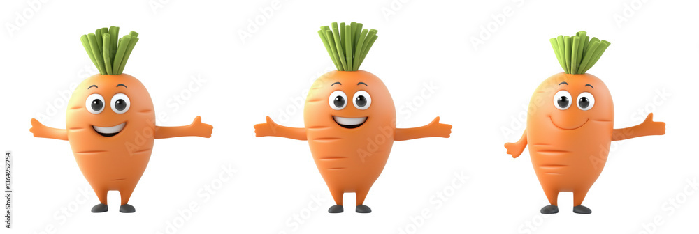 Aufkleber cartoon carrots with smiling faces and green tops, three characters displaying different expressions