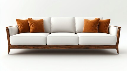 Naklejka premium Elegant White Sofa with Wood Frame and Decorative Pillows for Living Room