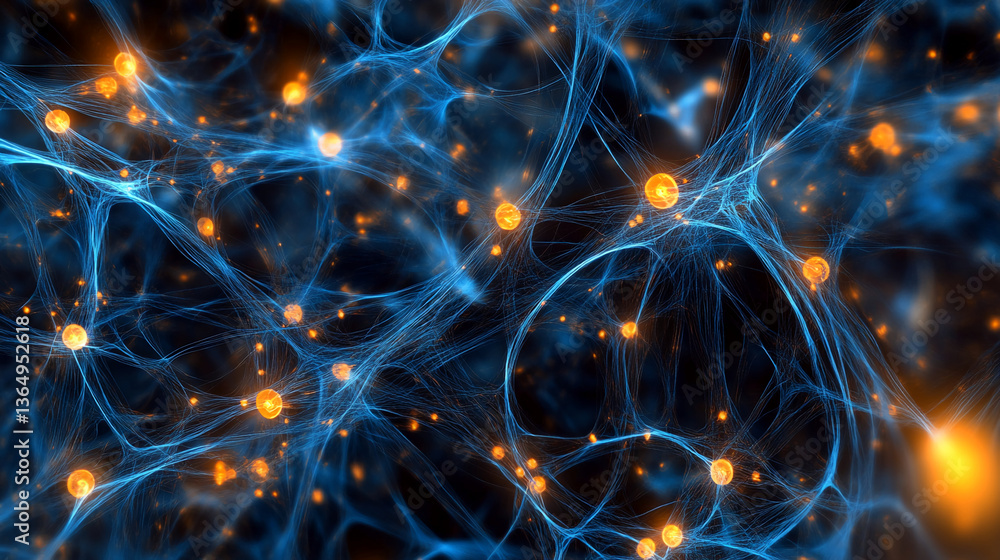 Poster intricate network of glowing blue filaments and orange nodes, showcasing a complex interconnected sy