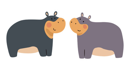 Clip art hand drawn vector illustration of two cute funny hippos, an adorable pair of cartoon hippopotamuses, isolated on white background.