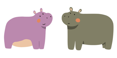 Clip art hand drawn vector illustration of two cute funny hippos, an adorable pair of cartoon hippopotamuses, isolated on white background.
