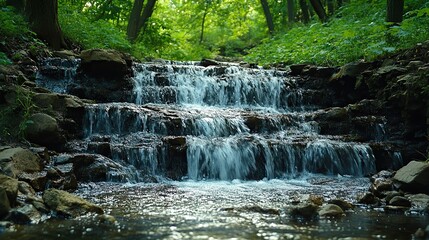 Fototapeta premium A waterfall cascades down rocky cliffs in a green forest, displaying nature's raw beauty.