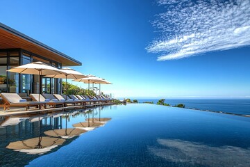 Fototapeta premium Relaxing by Infinity Pool Overlooking Ocean on Sunny Day Vacation