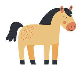 Clip art hand drawn vector illustration of the cute funny horse, a stylized cartoon pony with closed eyes and spotted back, isolated on white background