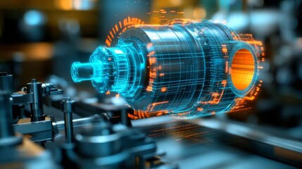 Obraz premium A futuristic, digital rendering of a machinery component or engine part, featuring luminous blue and orange details