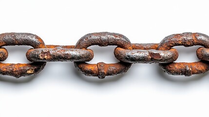An up-close image of a corroded, aged metal chain with deteriorated links, displayed on a white background, showcasing rustic texture, industrial design, macro photography, worn metal, and vintage