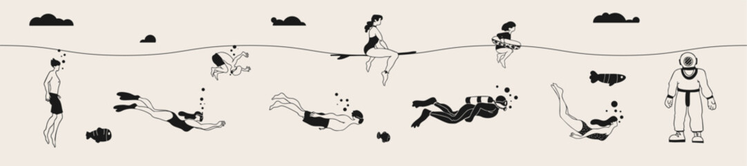 Minimalistic black and white illustration depicting people in different stages of immersion in water. People of different ages and genders. Trendy vector illustration.