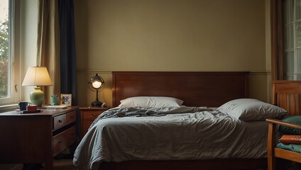 Bedroom Interior Featuring Bed and Wooden Furniture with Lamp Lighting