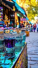 Lively street scene featuring a row of colorful glasses displayed in a vibrant urban environment