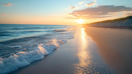 Photography of a secluded Baltic beach in the morning light, with gentle waves rolling in and golden sand glowing under the soft warmth of the rising sun.