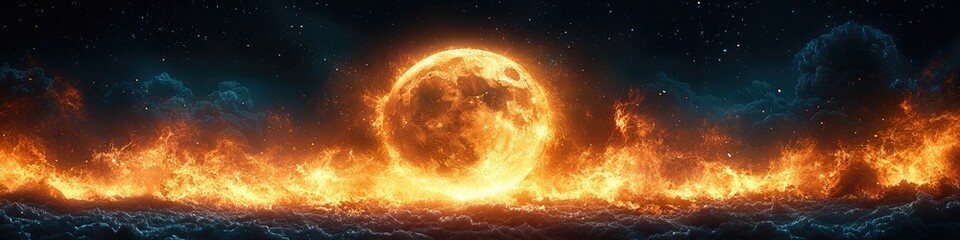 Obraz premium Fiery celestial body engulfed in flames against a dark, starry night sky. Surrounding clouds add depth