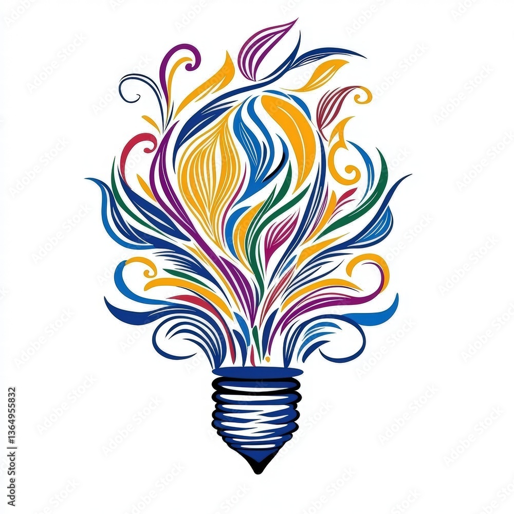 Poster a light bulb with colorful swirls inside creating an artistic and vibrant visual effect of light