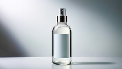 transparent cosmetic toner bottle with a simple label standing upright on a white background perfect for showcasing face lotions for clear skin