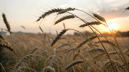 Fototapeta premium Ripe wheat ears swaying in field at golden sunset in summer