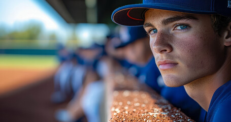 Focused Baseball Players Waiting in Dugout, Anticipation and Team Spirit, Youth Sports Competition