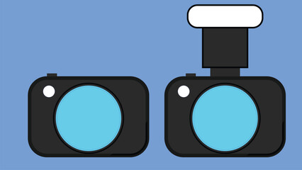 Two cartoon-style cameras are depicted on a bright blue background. 