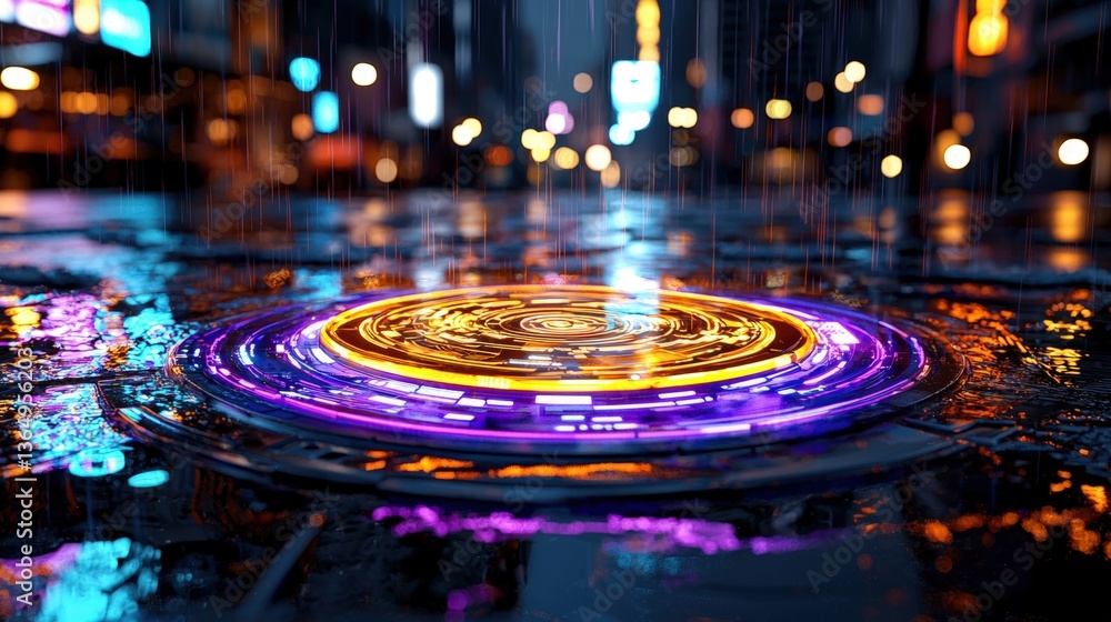 Poster a close-up view of a single water drop falling into a calm puddle creating ripples and reflections