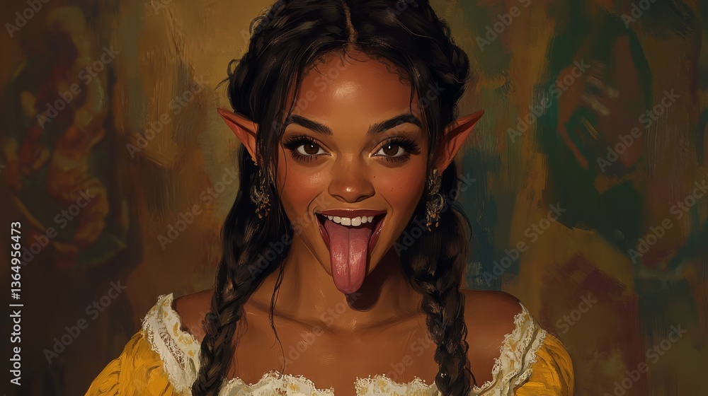 Poster A whimsical character with exaggerated ears and a playful expression, laughing in front of a colorful, abstract background. Concept: Whimsical Character Design, Exaggerated Features, Playful
