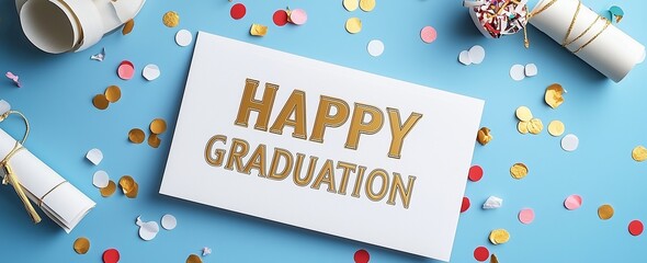 A festive graduation scene featuring diplomas, confetti, and a 'Happy Graduation' sign on a blue background, symbolizing achievement and celebration.