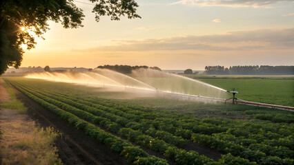  Irrigation system watering green crops in field at sunset