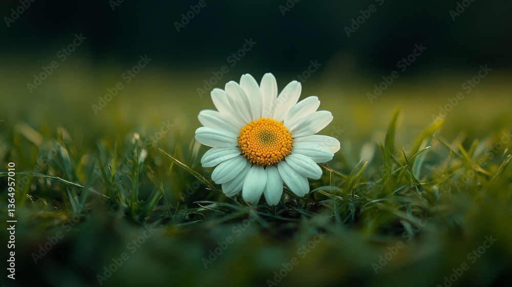 Poster a close-up image of a white bloom with a yellow core, framed by greenery and softly lit in a dark, e