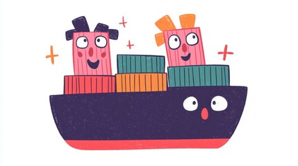 Colorful Cartoon Cargo Ship with Funny Characters