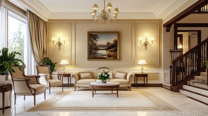 Luxurious living room interior, classic design,  elegant furniture,  grand style,  photorealistic rendering