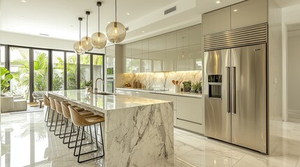 A Modern Contemporary Kitchen Features Marble Accents and Island
