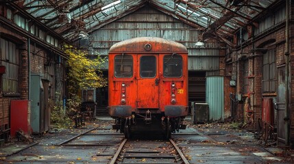 Obraz premium Rusty red train in an abandoned warehouse