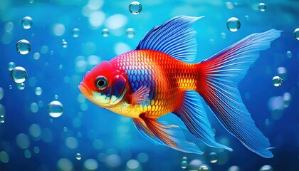 Multicolored tropical fish glide through a crystal-clear blue ocean, their vibrant scales and fins shimmering amid bubbles and soft light bokeh.